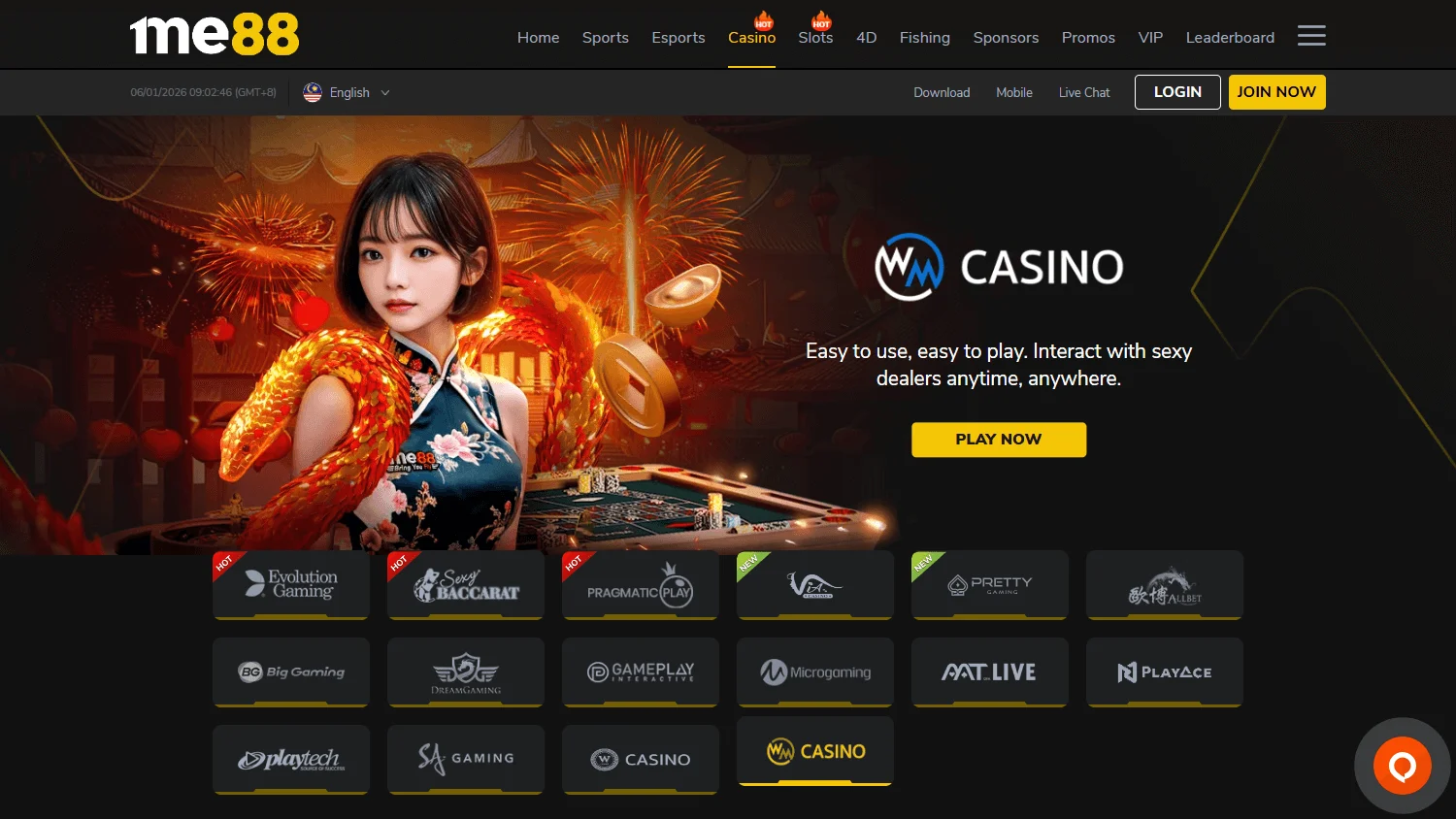 Me88 Casino games interface on desktop