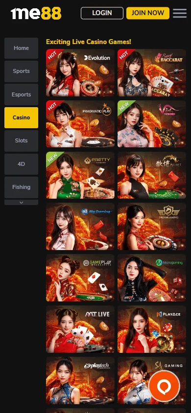 Me88 Casino games interface on a mobile device