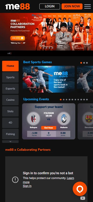 Me88 Casino home interface on a mobile device