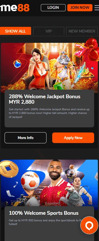 Me88 Casino promotions interface on a mobile device