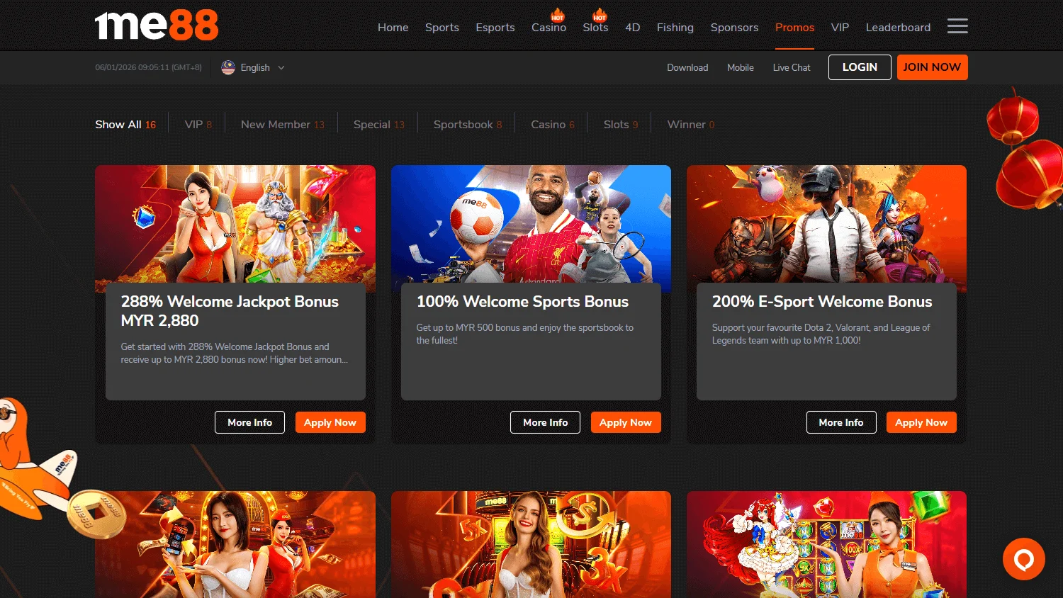 Me88 Casino promotions interface on desktop